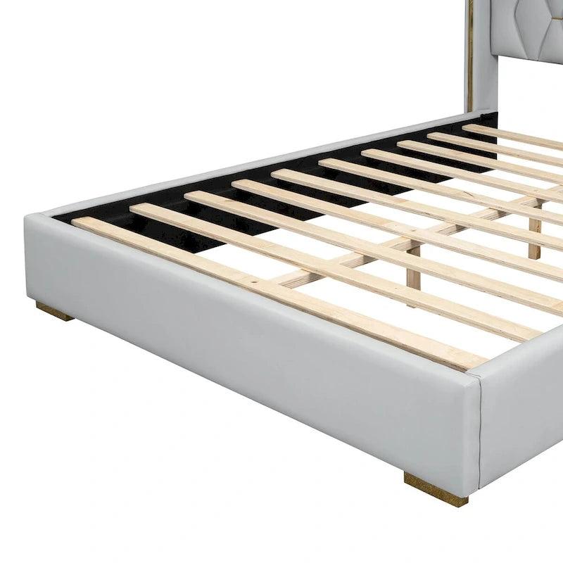 Lit plateforme élégant en PU avec garniture en métal doré Blanc cassé Noir