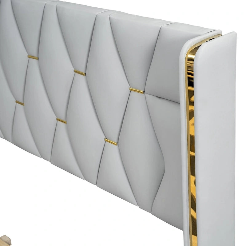 Lit plateforme élégant en PU avec garniture en métal doré Blanc cassé Noir