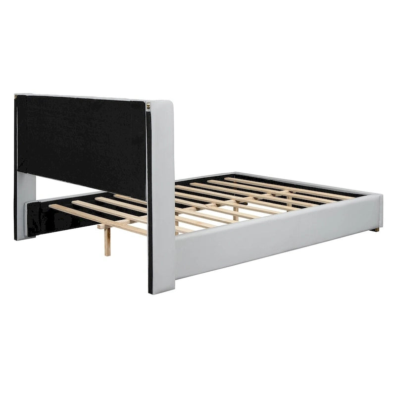 Lit plateforme élégant en PU avec garniture en métal doré Blanc cassé Noir