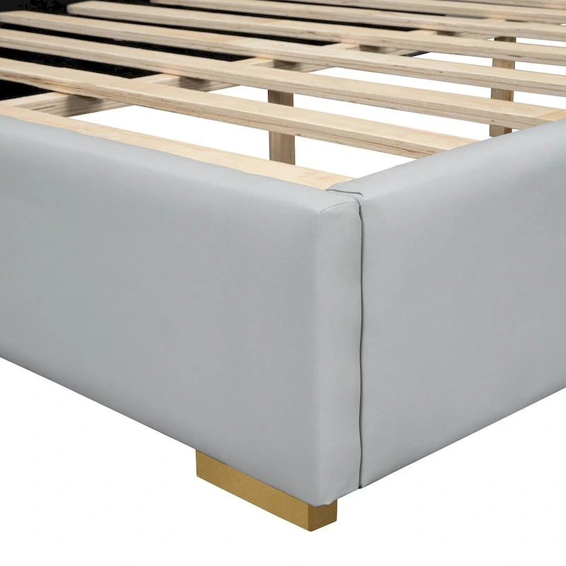 Lit plateforme élégant en PU avec garniture en métal doré Blanc cassé Noir