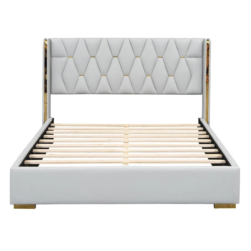 Lit plateforme élégant en PU avec garniture en métal doré Blanc cassé Noir