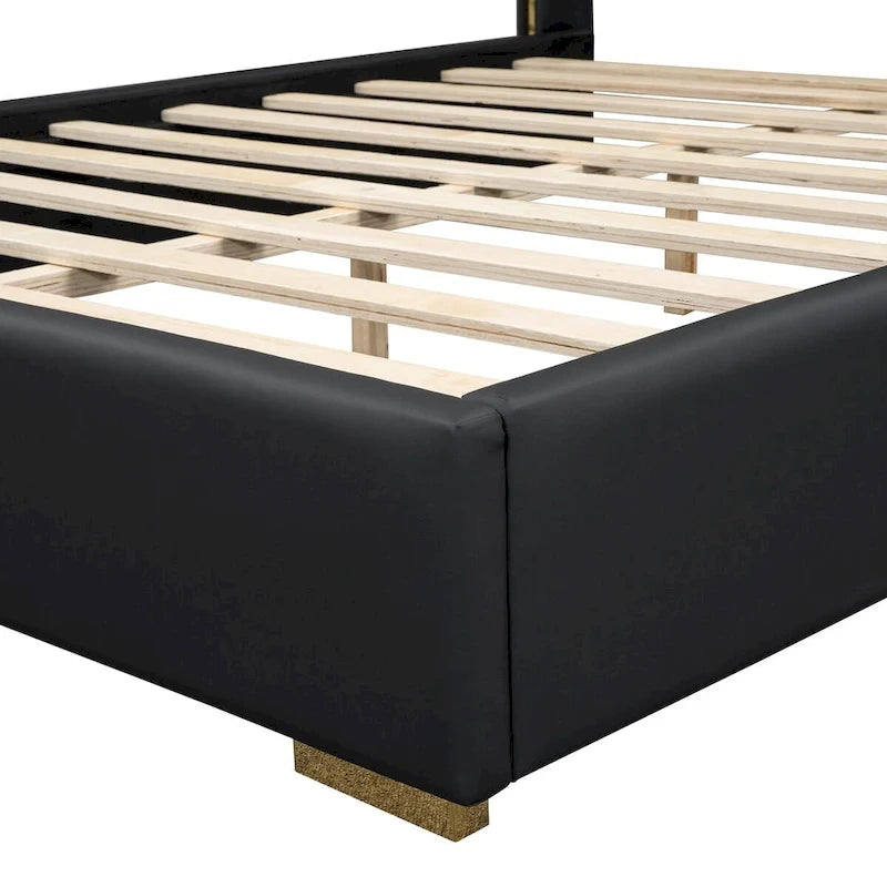 Lit plateforme élégant en PU avec garniture en métal doré Blanc cassé Noir