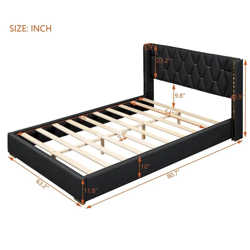 Lit plateforme élégant en PU avec garniture en métal doré Blanc cassé Noir