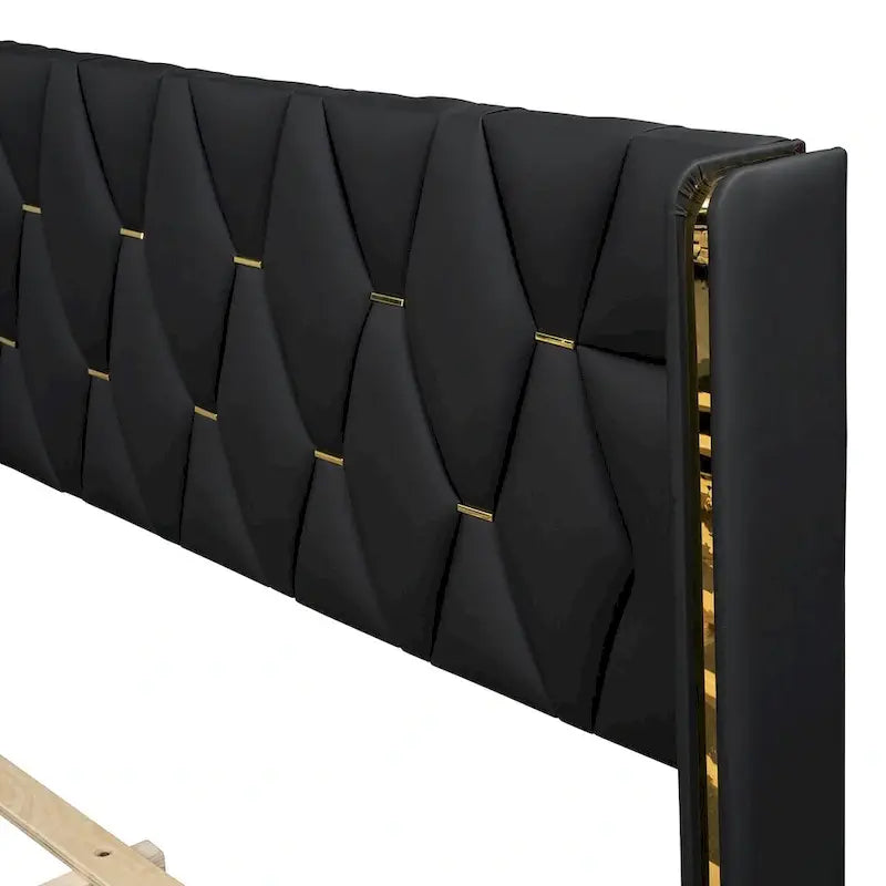 Lit plateforme élégant en PU avec garniture en métal doré Blanc cassé Noir