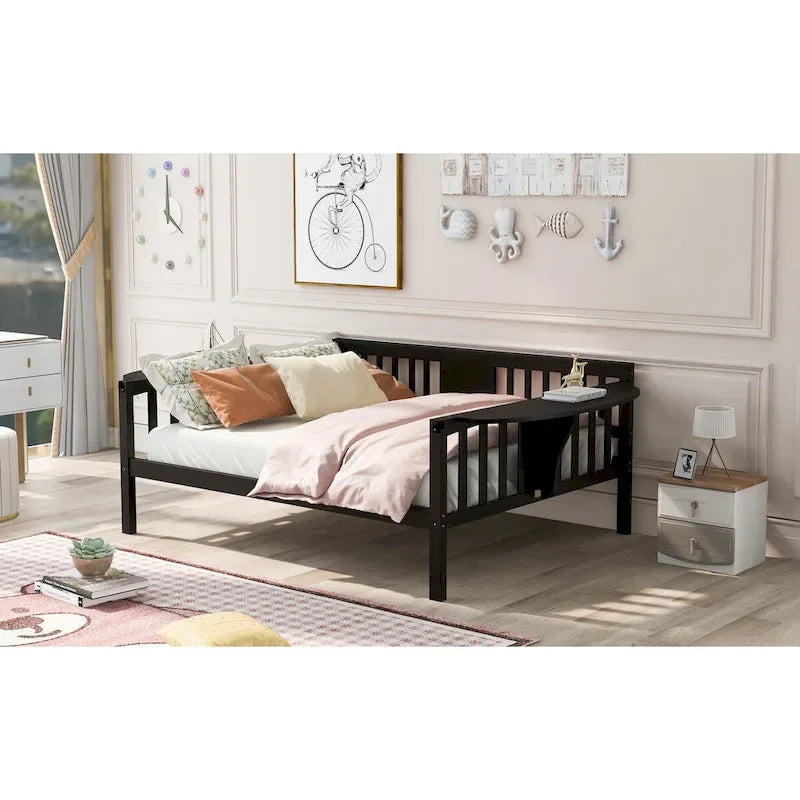 Cadre de lit de repos en bois massif Espresso avec tables d'appoint et support à lattes en bois