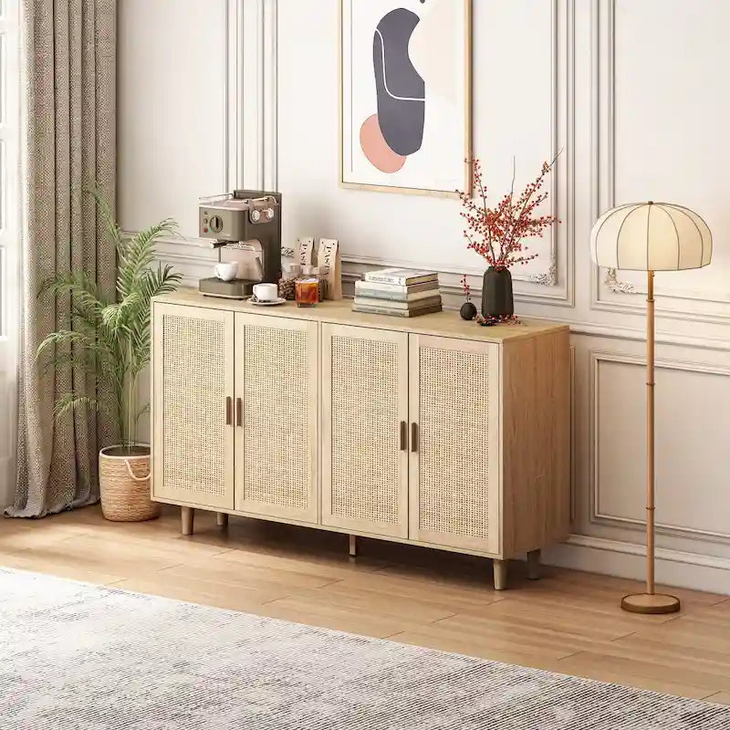 Buffet avec portes en rotin, meuble de rangement en bois naturel, quatre portes