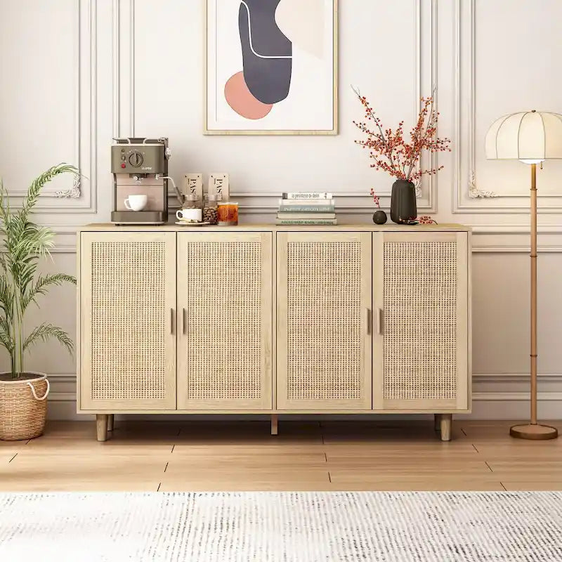 Buffet avec portes en rotin, meuble de rangement en bois naturel, quatre portes