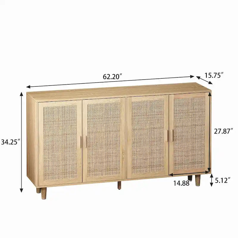 Buffet avec portes en rotin, meuble de rangement en bois naturel, quatre portes
