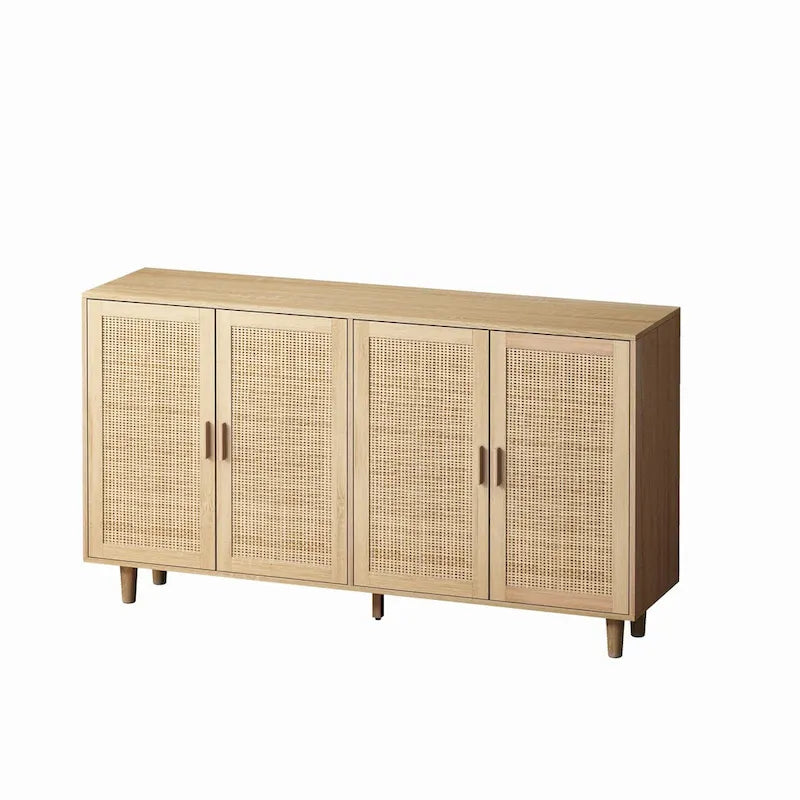 Buffet avec portes en rotin, meuble de rangement en bois naturel, quatre portes