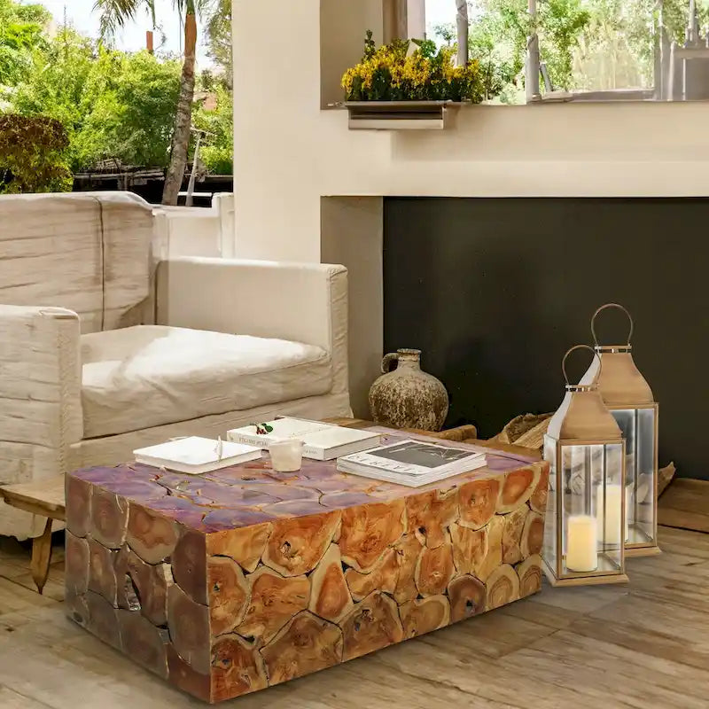 Table basse rustique en bois de teck massif marron naturel fabriquée à la main pour l'intérieur et l'extérieur