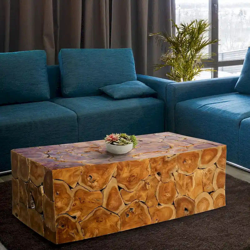 Table basse rustique en bois de teck massif marron naturel fabriquée à la main pour l'intérieur et l'extérieur
