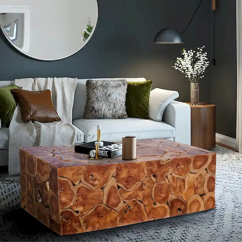 Table basse rustique en bois de teck massif marron naturel fabriquée à la main pour l'intérieur et l'extérieur