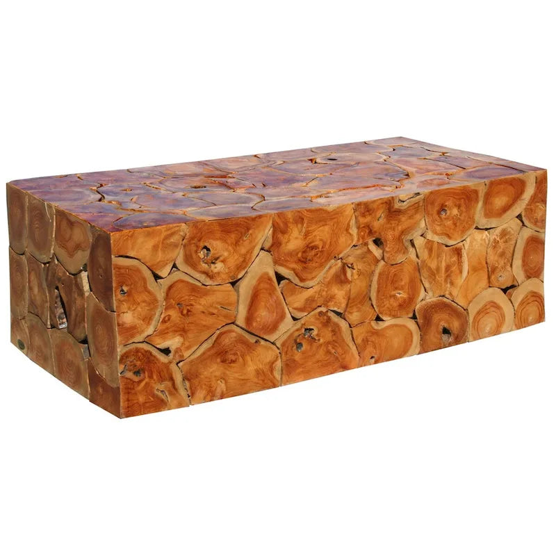 Table basse rustique en bois de teck massif marron naturel fabriquée à la main pour l'intérieur et l'extérieur