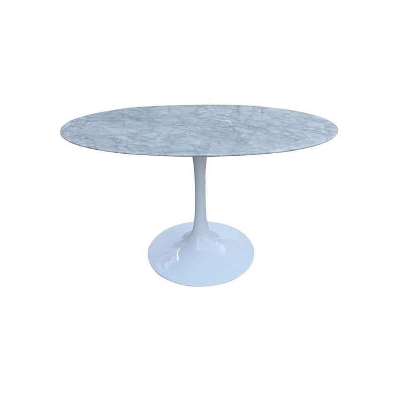 Table à manger ronde avec plateau en marbre blanc et pied tulipe