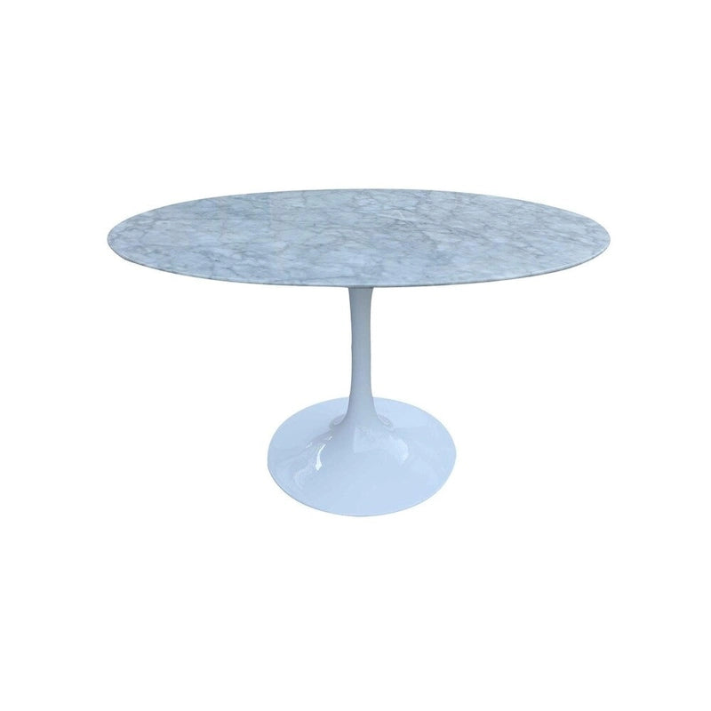 Table à manger ronde avec plateau en marbre blanc et pied tulipe