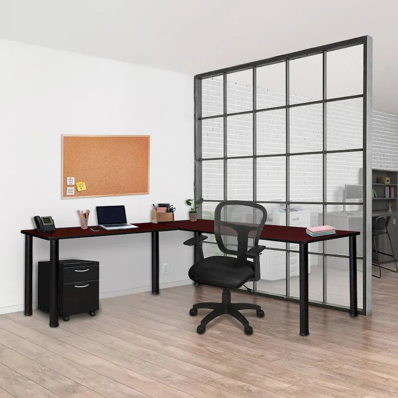 Bureau d'angle en L avec pieds cylindriques, Noyer Mocha et Noir