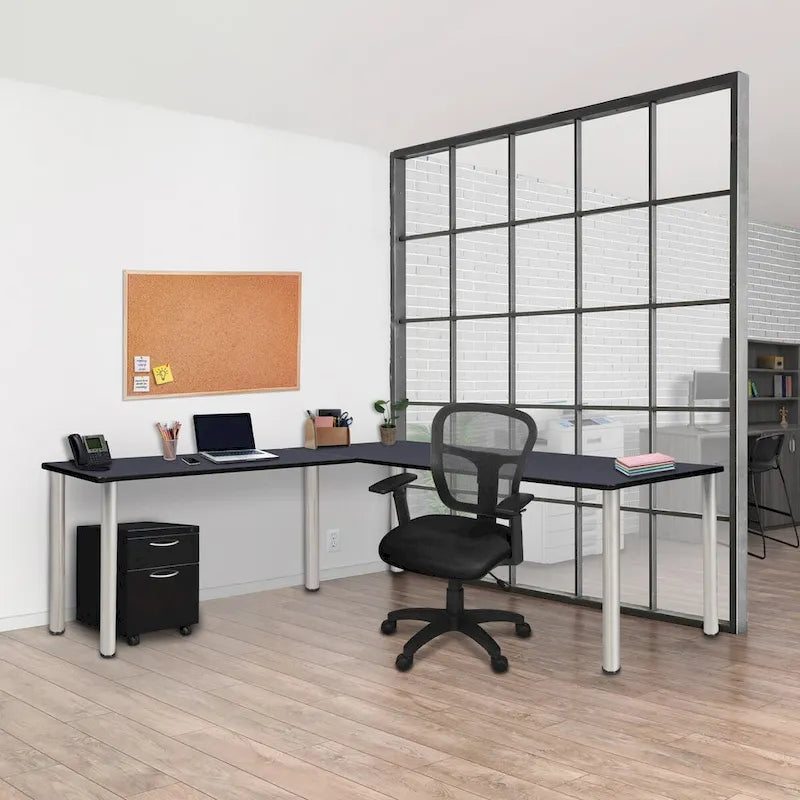 Bureau d'angle en L avec pieds cylindriques, Noyer Mocha et Noir