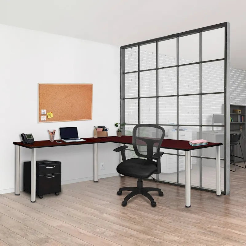 Bureau d'angle en L avec pieds cylindriques, Noyer Mocha et Noir