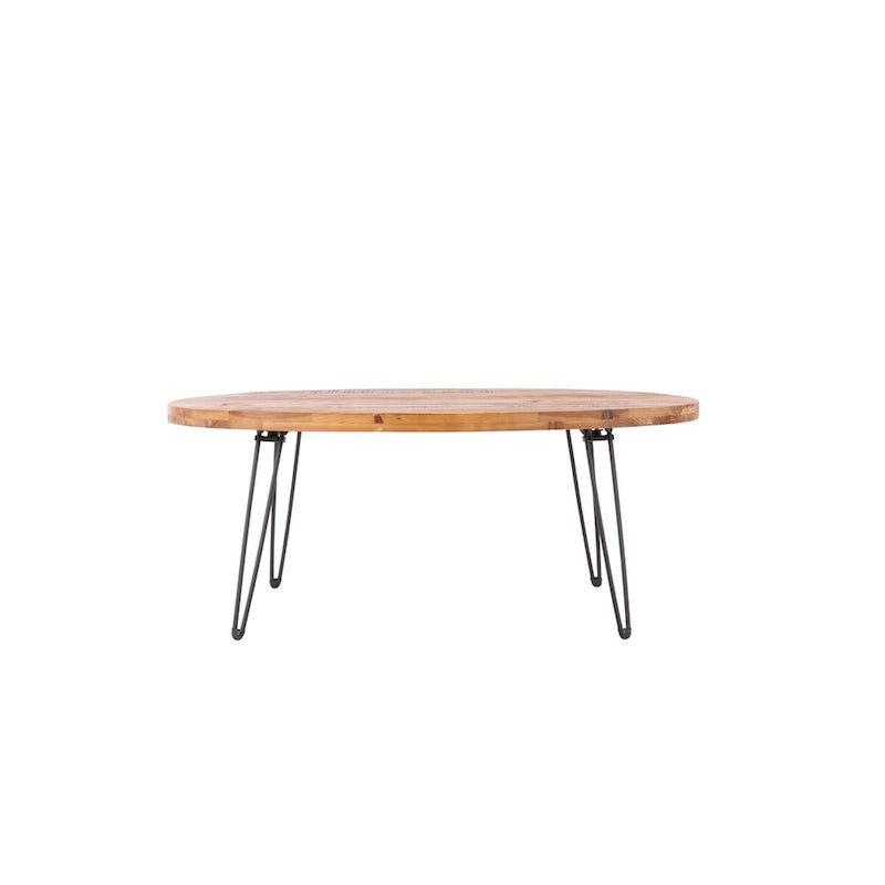 Table cocktail ovale pliable avec plateau effet bois naturel et pieds épingle