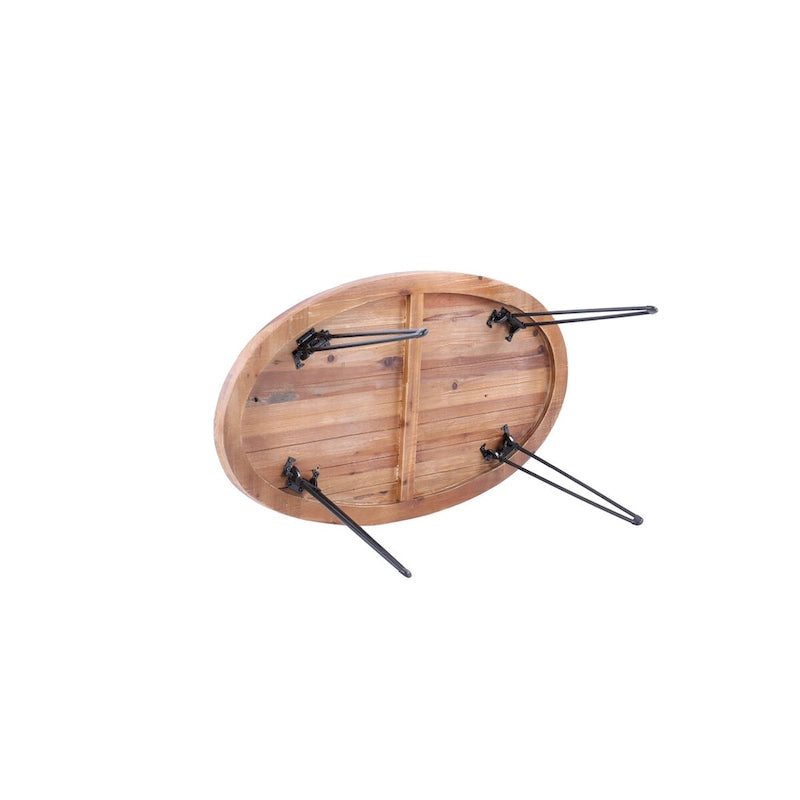 Table cocktail ovale pliable avec plateau effet bois naturel et pieds épingle