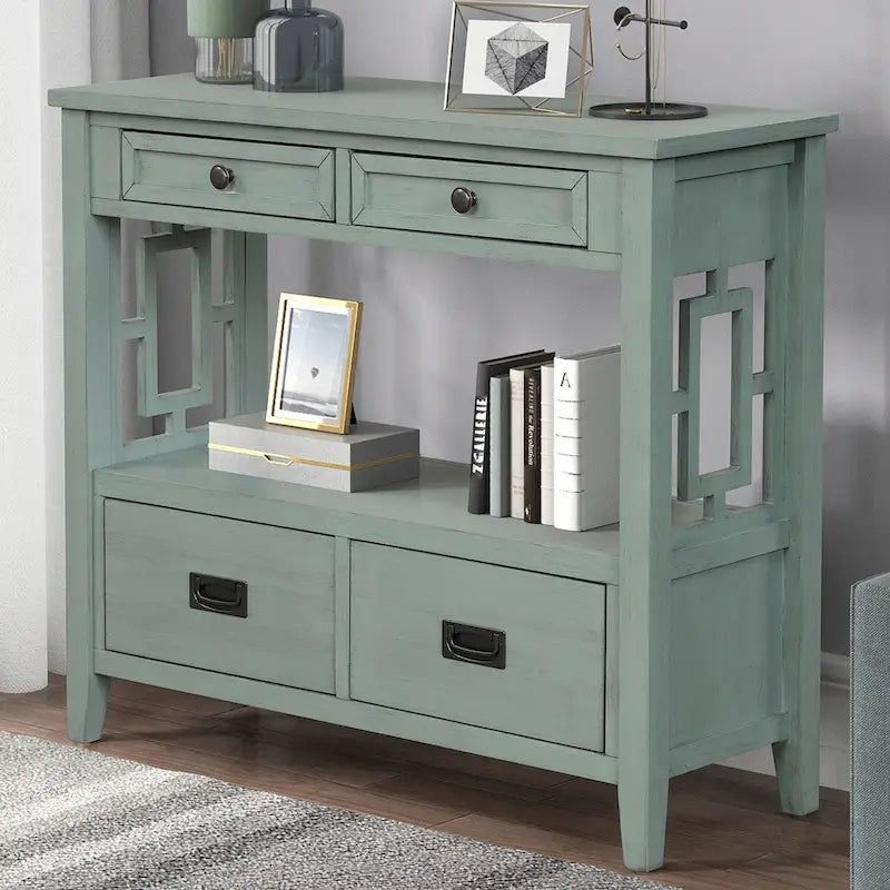 Console en pin massif rétro 4 tiroirs avec étagère de rangement ouverte bleue