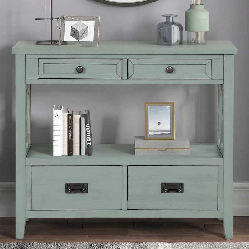 Console en pin massif rétro 4 tiroirs avec étagère de rangement ouverte bleue