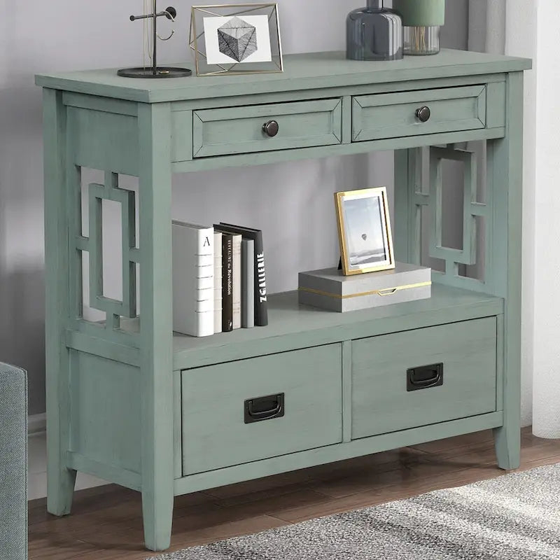 Console en pin massif rétro 4 tiroirs avec étagère de rangement ouverte bleue