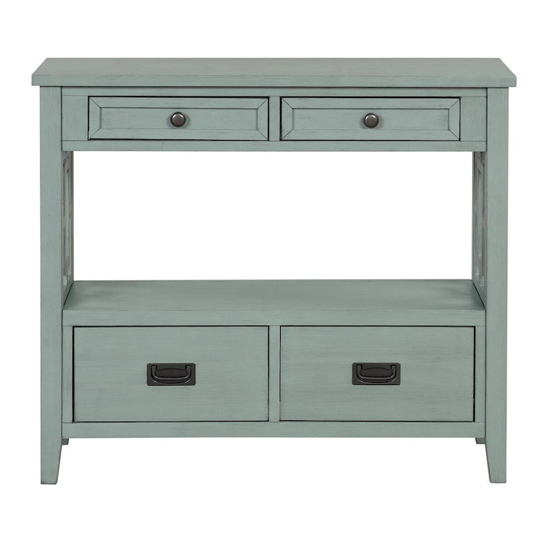 Console en pin massif rétro 4 tiroirs avec étagère de rangement ouverte bleue