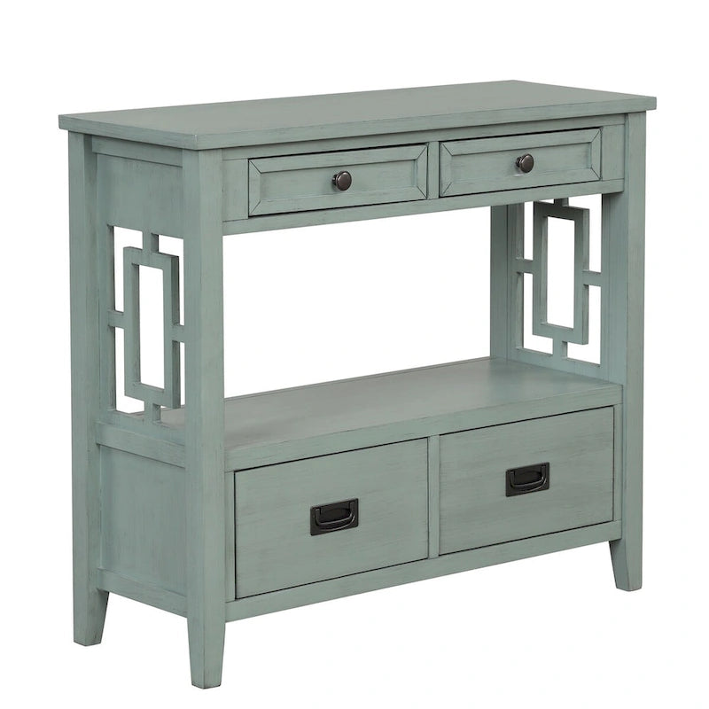 Console en pin massif rétro 4 tiroirs avec étagère de rangement ouverte bleue