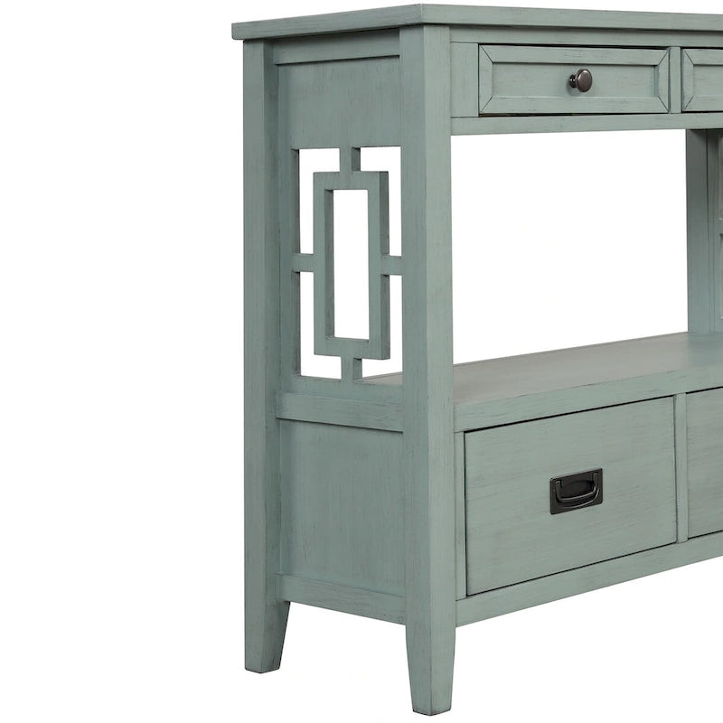 Console en pin massif rétro 4 tiroirs avec étagère de rangement ouverte bleue