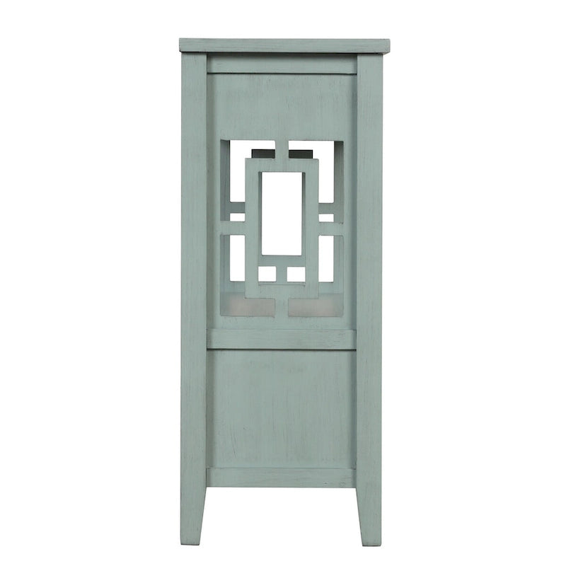 Console en pin massif rétro 4 tiroirs avec étagère de rangement ouverte bleue