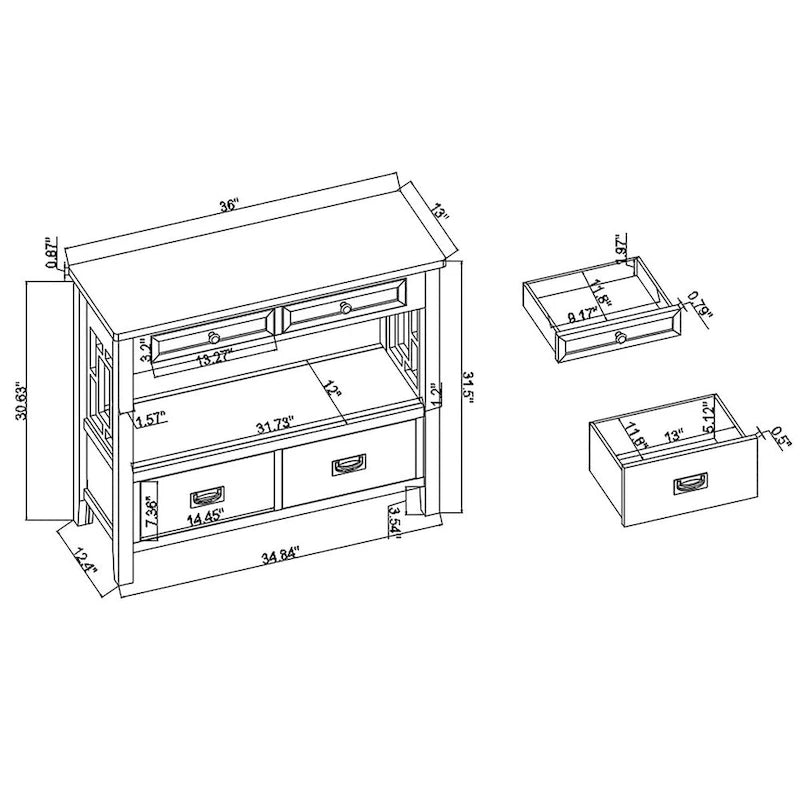 Console en pin massif rétro 4 tiroirs avec étagère de rangement ouverte bleue