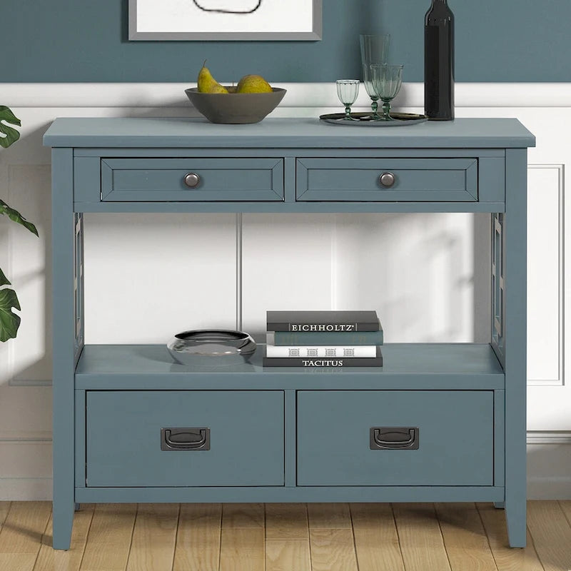 Console en pin massif rétro 4 tiroirs avec étagère de rangement ouverte bleue