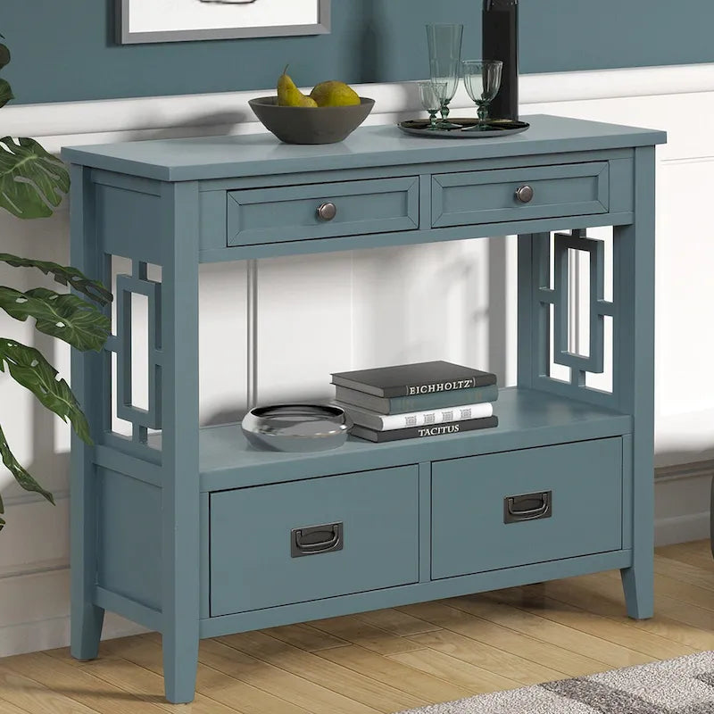 Console en pin massif rétro 4 tiroirs avec étagère de rangement ouverte bleue