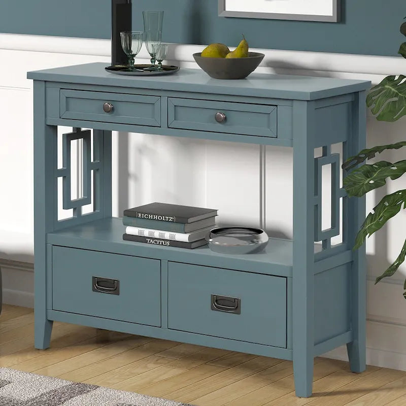 Console en pin massif rétro 4 tiroirs avec étagère de rangement ouverte bleue