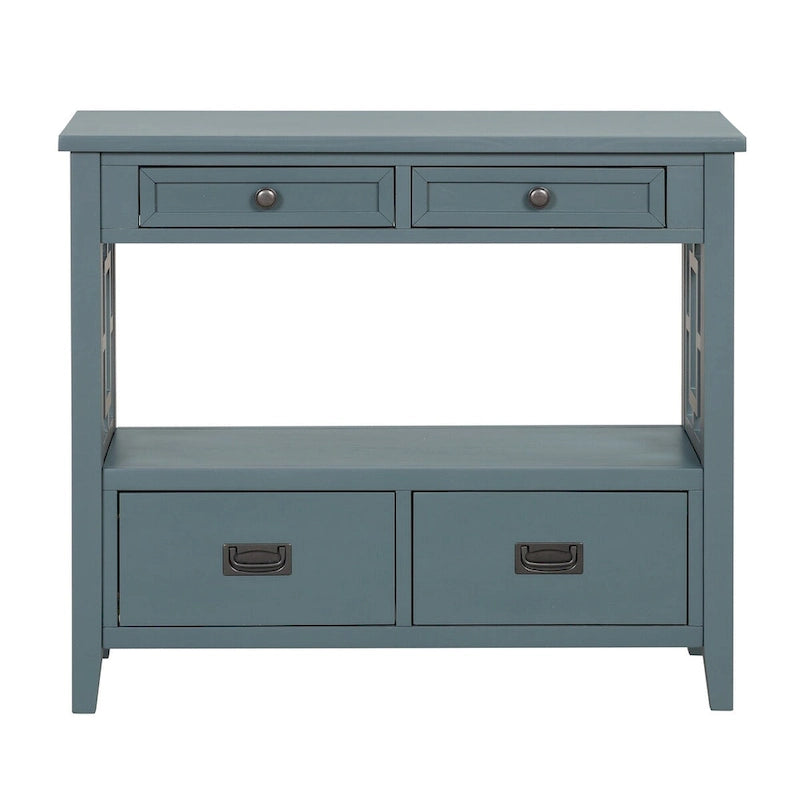 Console en pin massif rétro 4 tiroirs avec étagère de rangement ouverte bleue