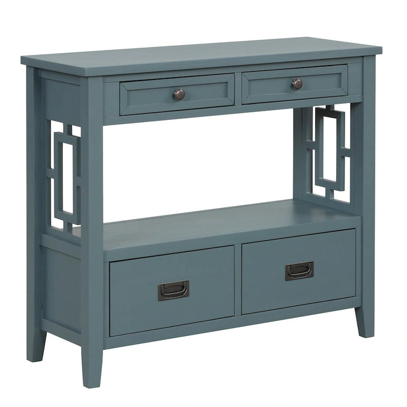 Console en pin massif rétro 4 tiroirs avec étagère de rangement ouverte bleue