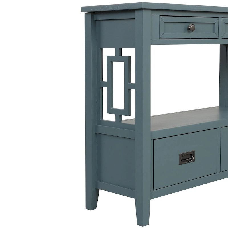 Console en pin massif rétro 4 tiroirs avec étagère de rangement ouverte bleue