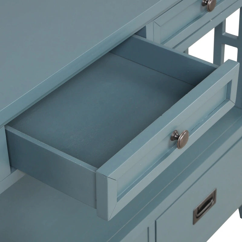 Console en pin massif rétro 4 tiroirs avec étagère de rangement ouverte bleue