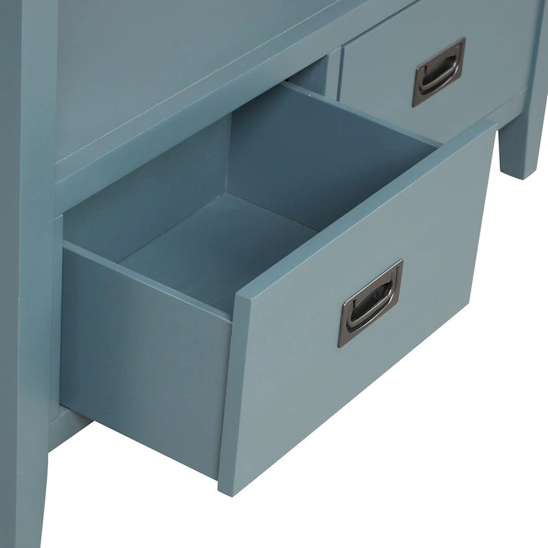 Console en pin massif rétro 4 tiroirs avec étagère de rangement ouverte bleue