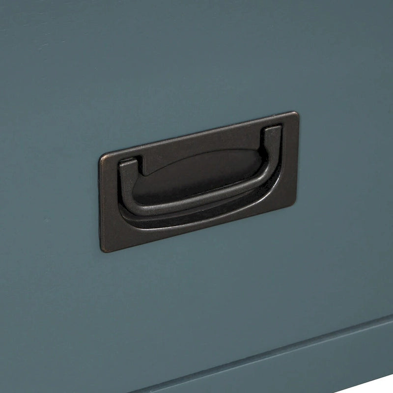 Console en pin massif rétro 4 tiroirs avec étagère de rangement ouverte bleue