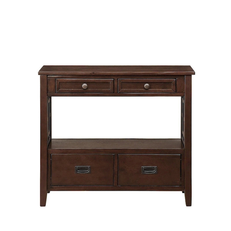 Console en pin massif rétro 4 tiroirs avec étagère de rangement ouverte bleue