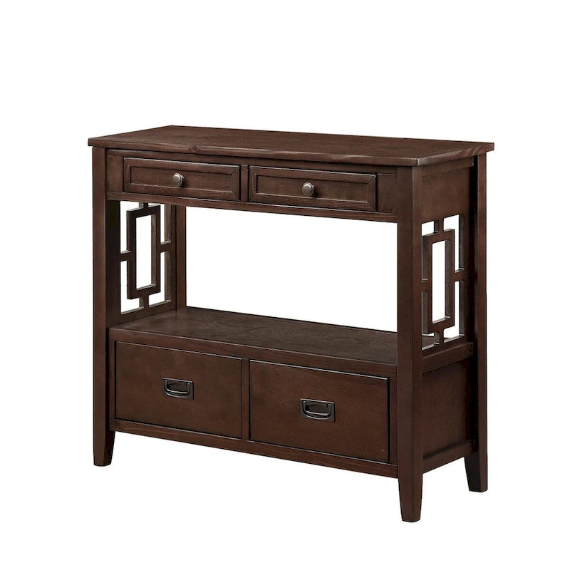 Console en pin massif rétro 4 tiroirs avec étagère de rangement ouverte bleue