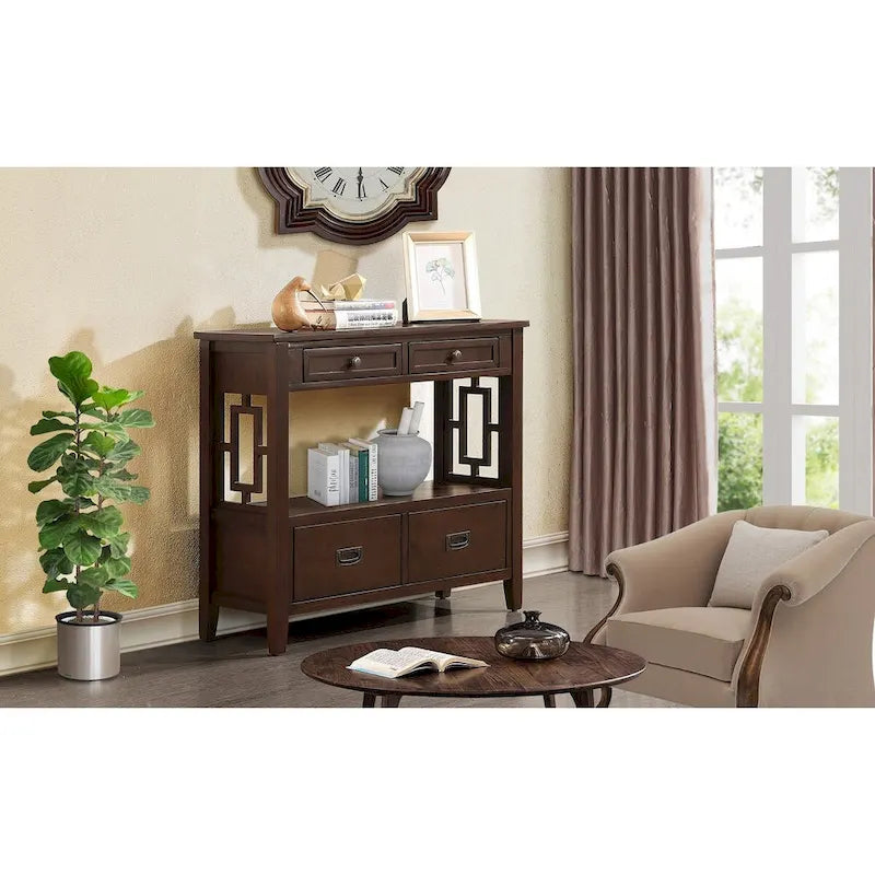 Console en pin massif rétro 4 tiroirs avec étagère de rangement ouverte bleue