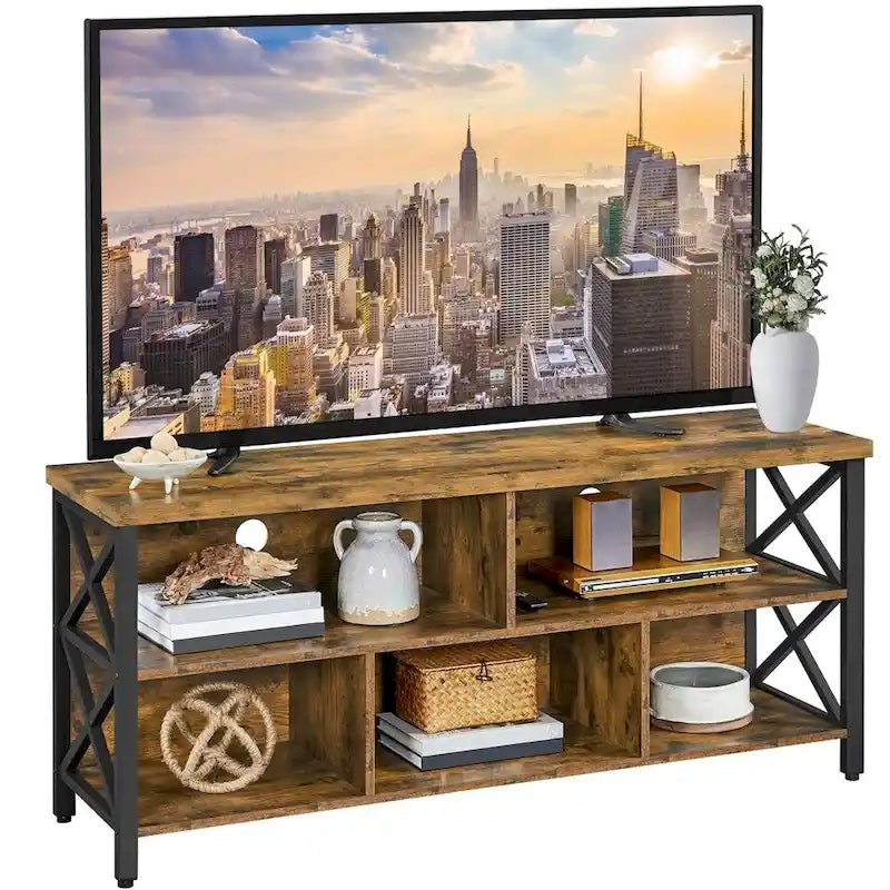 Meuble TV industriel avec 5 compartiments de rangement ouverts Marron rustique