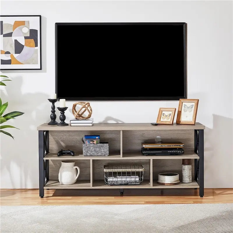 Meuble TV industriel avec 5 compartiments de rangement ouverts Marron rustique