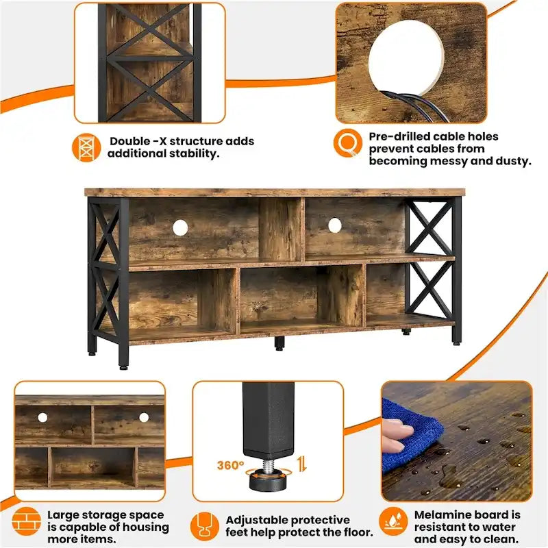 Meuble TV industriel avec 5 compartiments de rangement ouverts Marron rustique