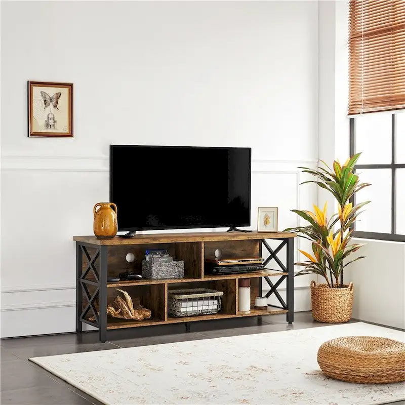 Meuble TV industriel avec 5 compartiments de rangement ouverts Marron rustique