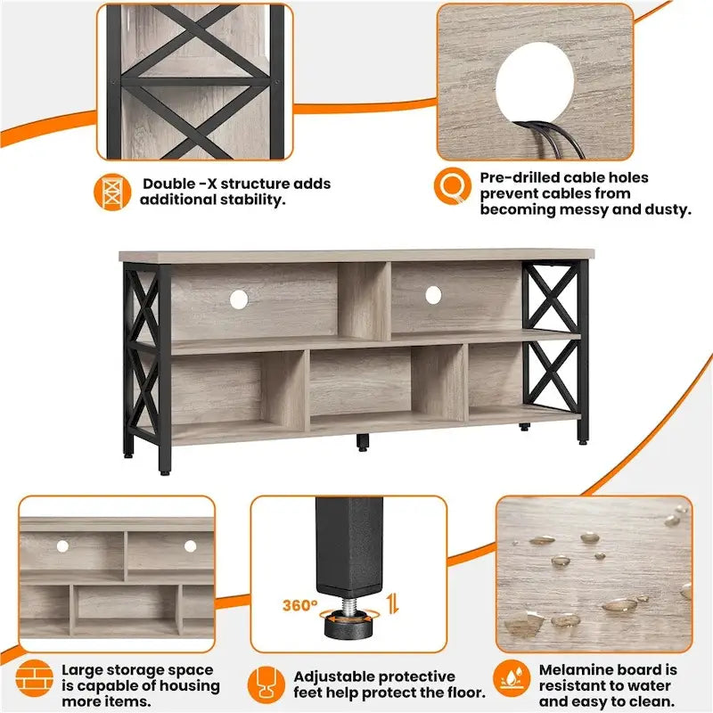 Meuble TV industriel avec 5 compartiments de rangement ouverts Marron rustique