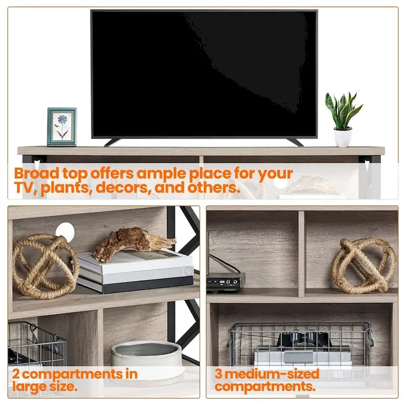 Meuble TV industriel avec 5 compartiments de rangement ouverts Marron rustique